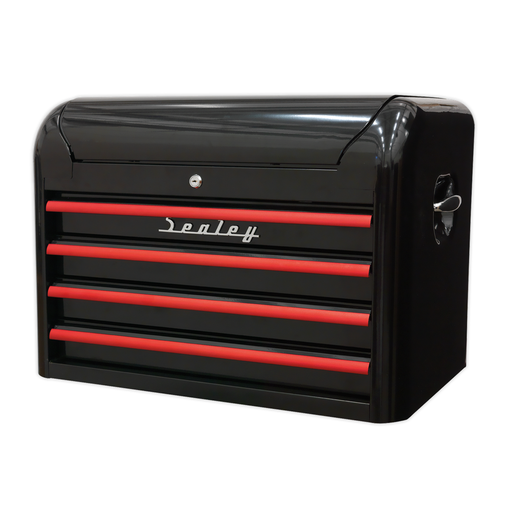 Premier™ Retro Style Topchest 4 Drawer - Black with Red Anodised Drawer Pulls