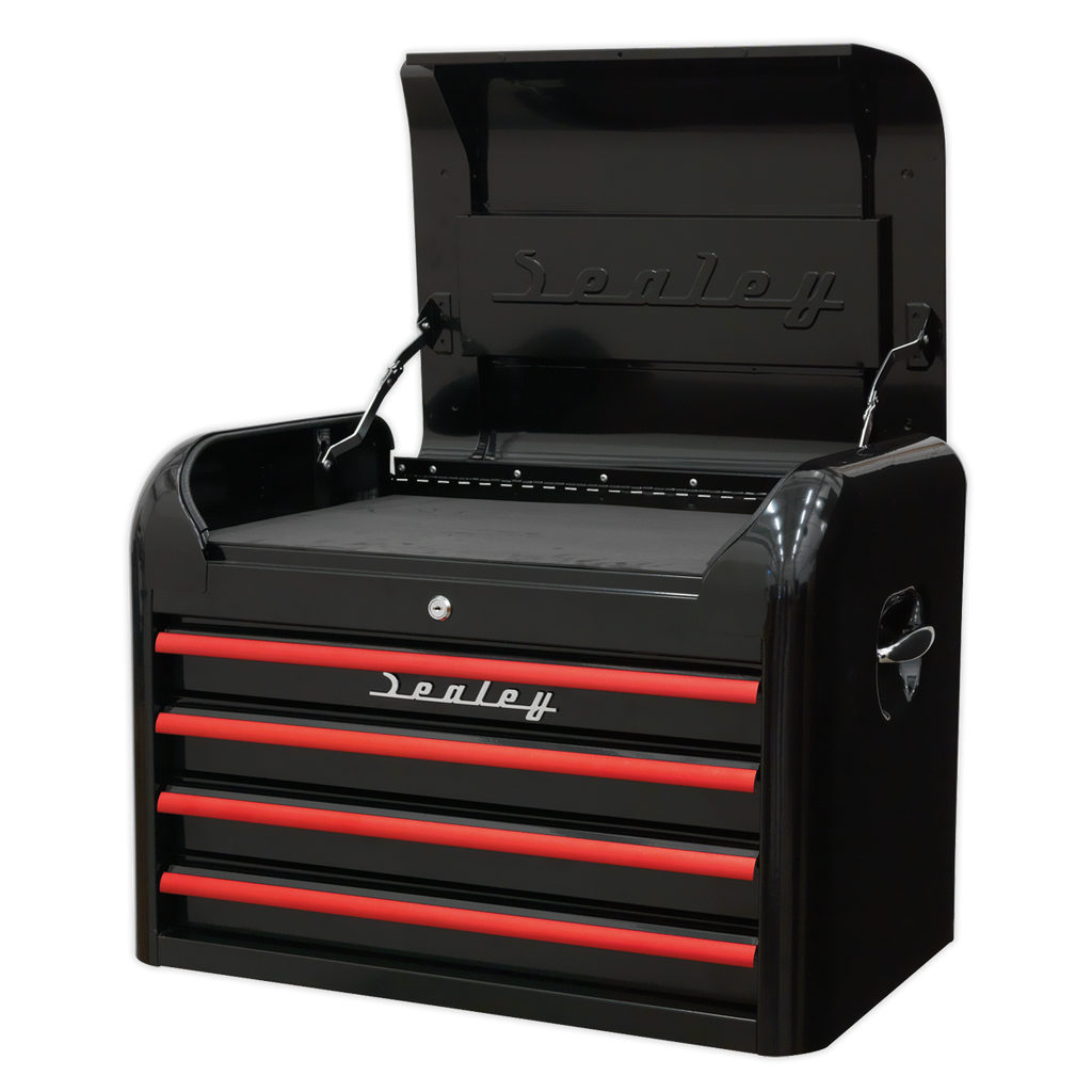 Premier™ Retro Style Topchest 4 Drawer - Black with Red Anodised Drawer Pulls