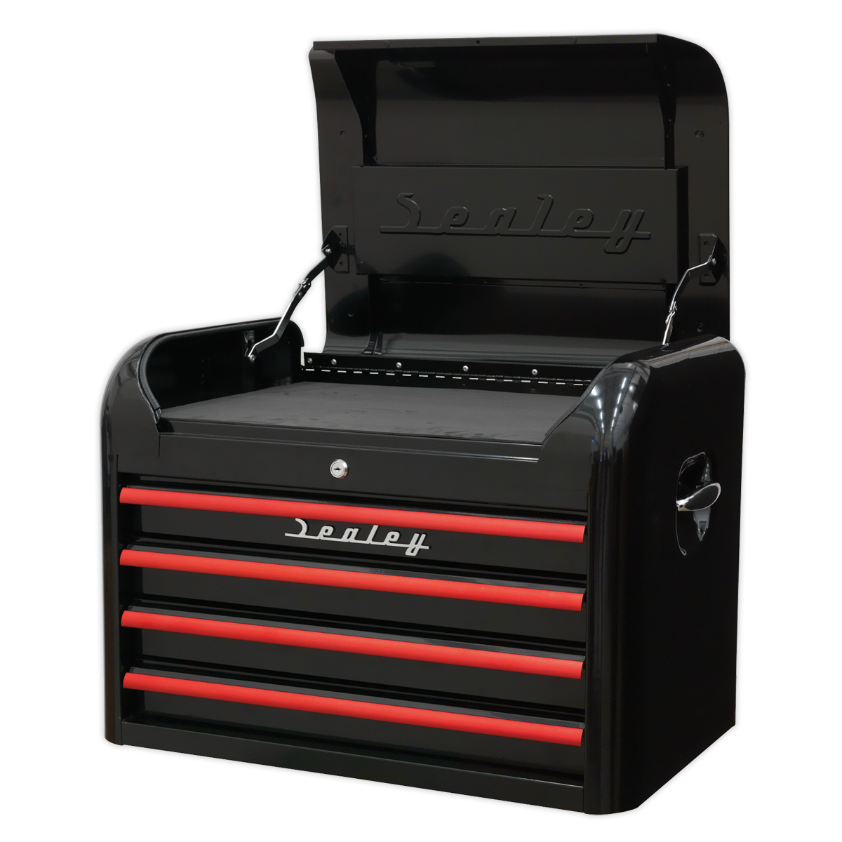 Premier™ Retro Style Topchest 4 Drawer - Black with Red Anodised Drawer Pulls