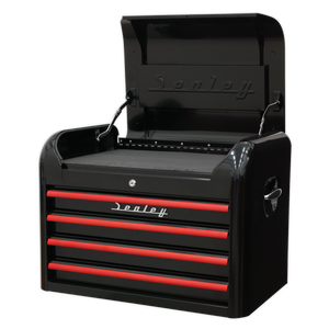 Premier™ Retro Style Topchest 4 Drawer - Black with Red Anodised Drawer Pulls