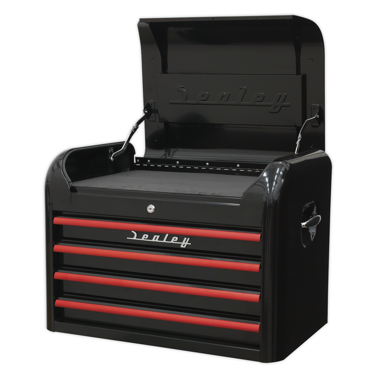 Premier™ Retro Style Topchest 4 Drawer - Black with Red Anodised Drawer Pulls