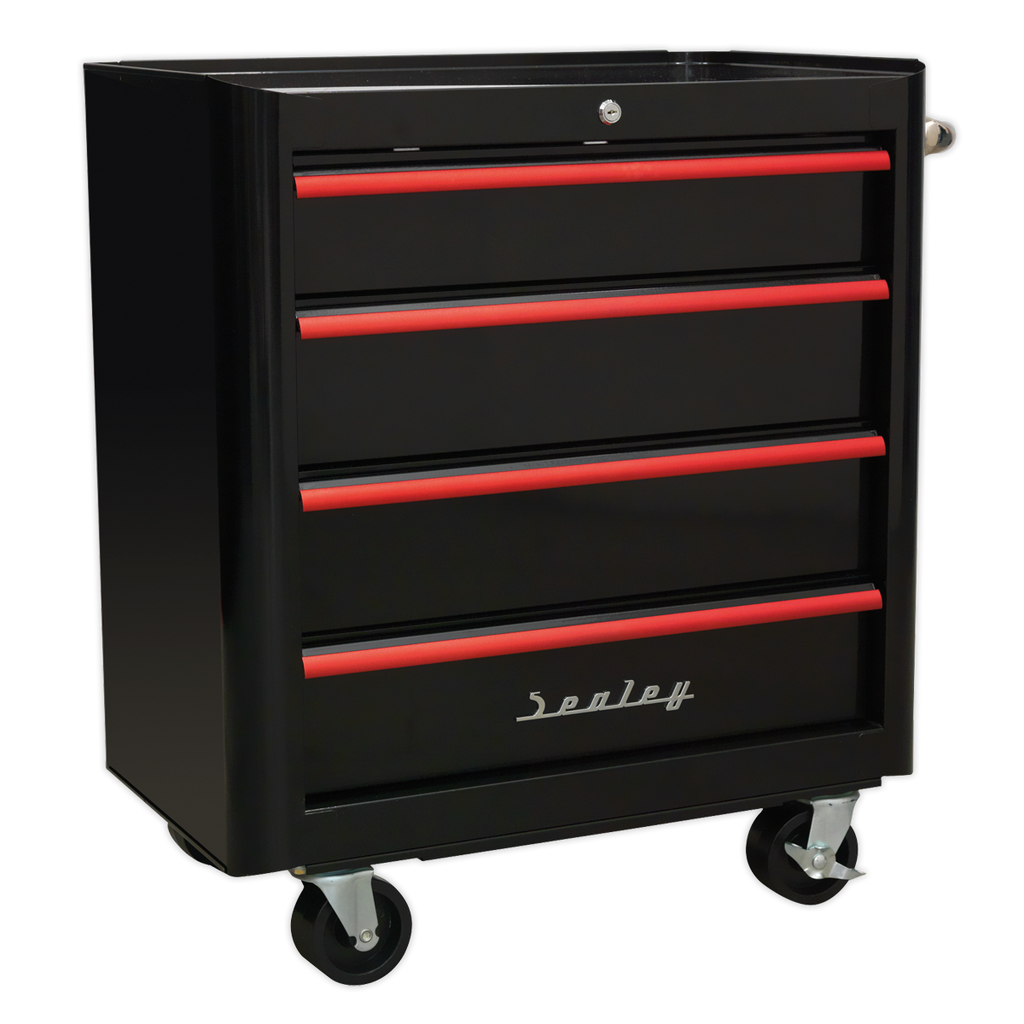Premier™ Retro Style Rollcab 4 Drawer - Black with Red Anodised Drawer Pulls