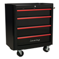 Premier™ Retro Style Rollcab 4 Drawer - Black with Red Anodised Drawer Pulls
