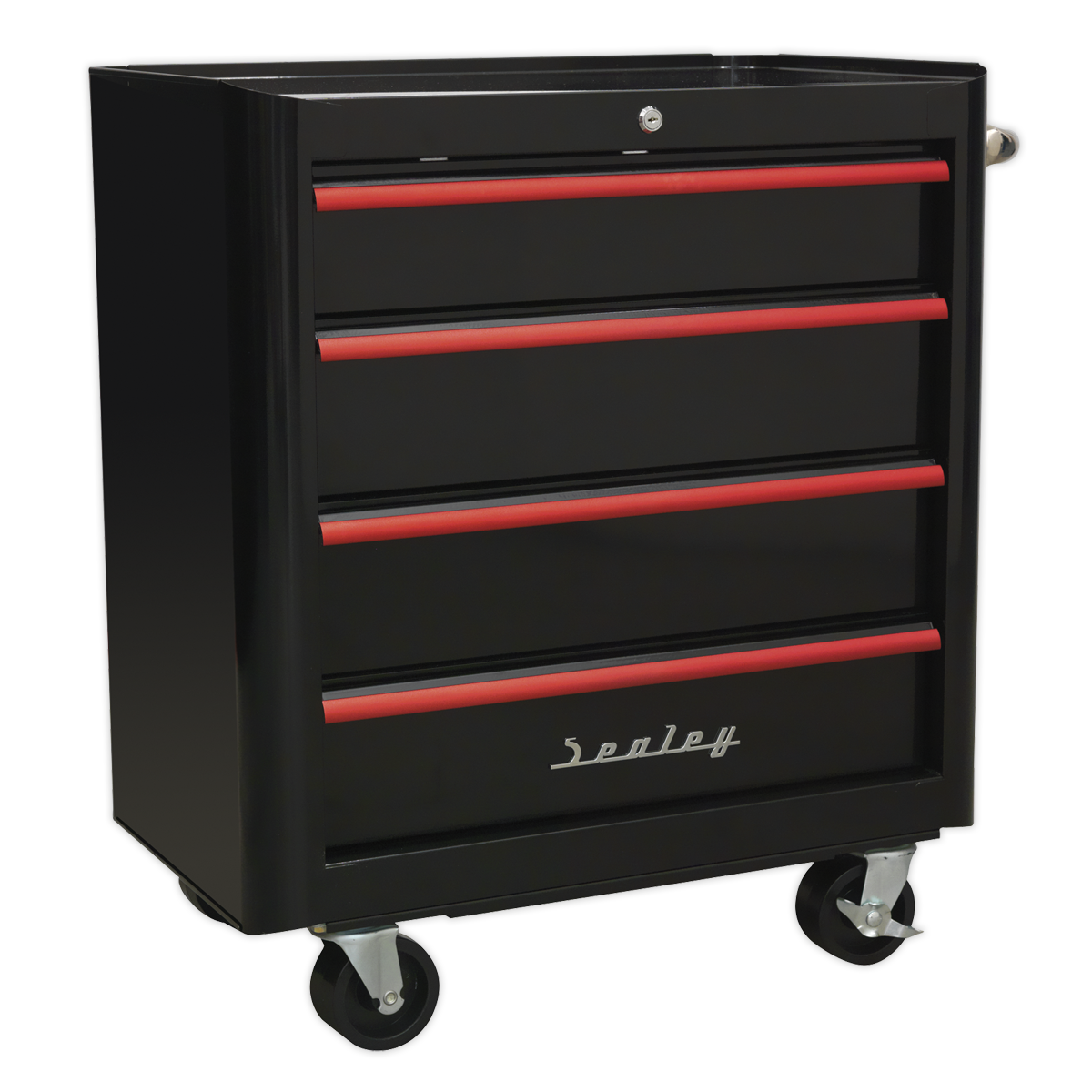 Premier™ Retro Style Rollcab 4 Drawer - Black with Red Anodised Drawer Pulls