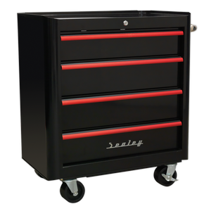 Premier™ Retro Style Rollcab 4 Drawer - Black with Red Anodised Drawer Pulls
