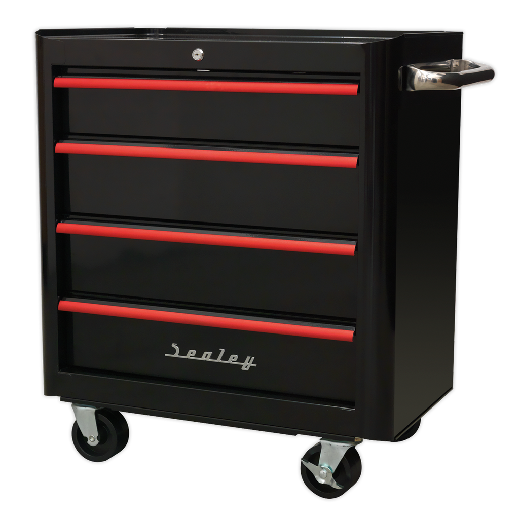 Premier™ Retro Style Rollcab 4 Drawer - Black with Red Anodised Drawer Pulls