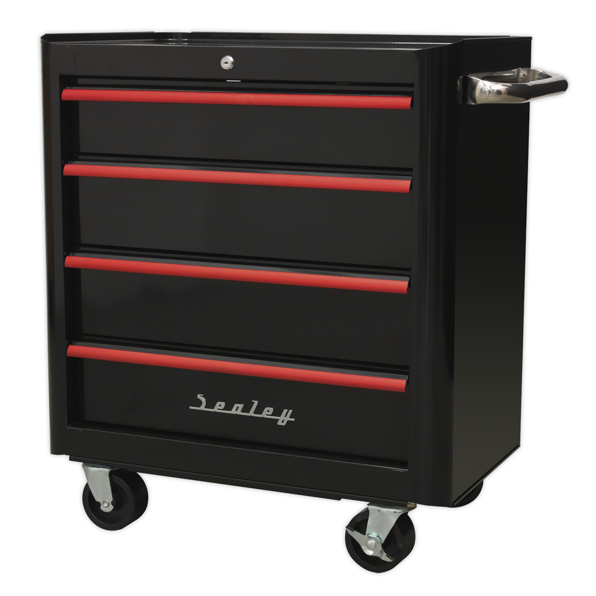 Premier™ Retro Style Rollcab 4 Drawer - Black with Red Anodised Drawer Pulls