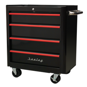 Premier™ Retro Style Rollcab 4 Drawer - Black with Red Anodised Drawer Pulls