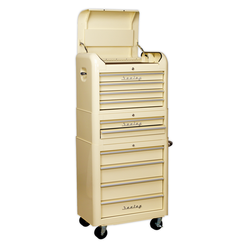 Premier™ Retro Style Topchest, Mid-Box Tool Chest & Rollcab Combination 10 Drawer - Cream