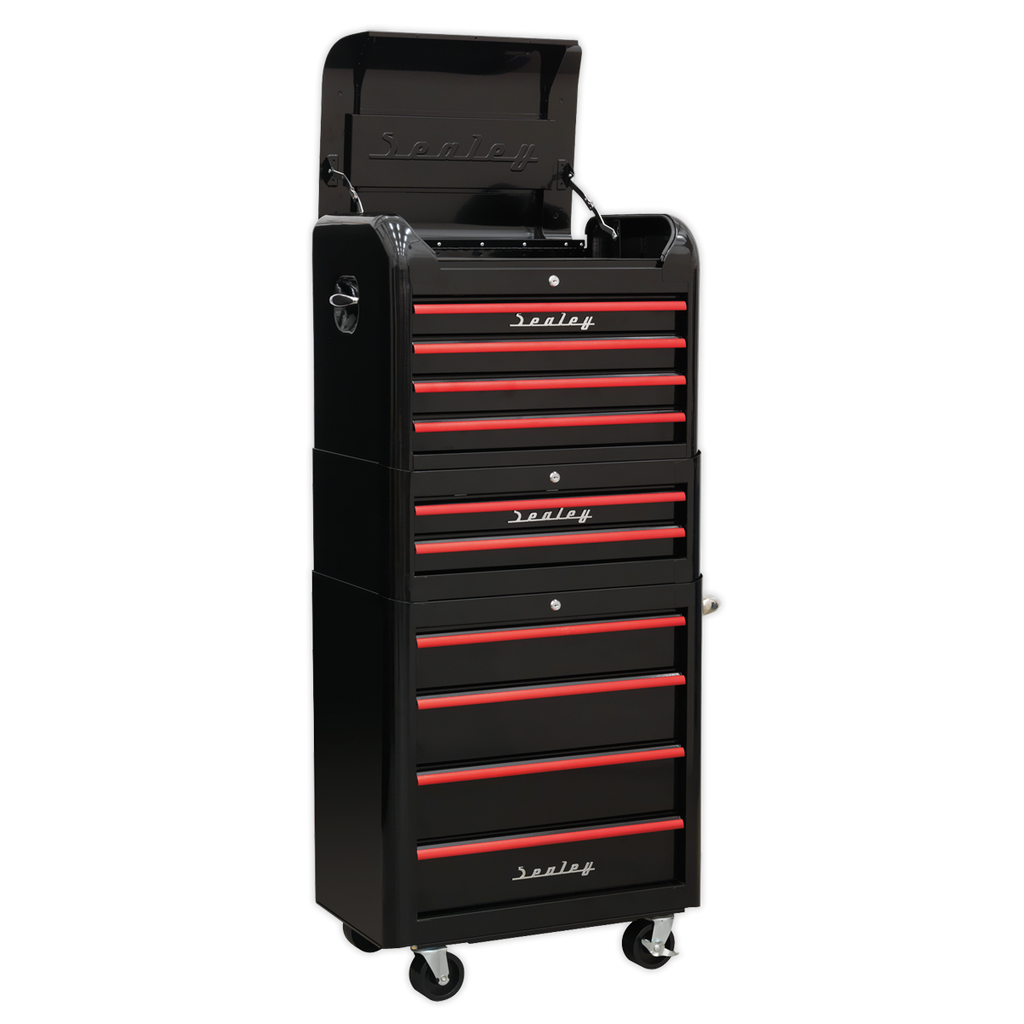 Premier™ Retro Style Topchest, Mid-Box Tool Chest & Rollcab Combination 10 Drawer - Black with Red Anodised Drawer Pulls