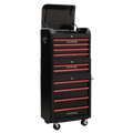 Premier™ Retro Style Topchest, Mid-Box Tool Chest & Rollcab Combination 10 Drawer - Black with Red Anodised Drawer Pulls