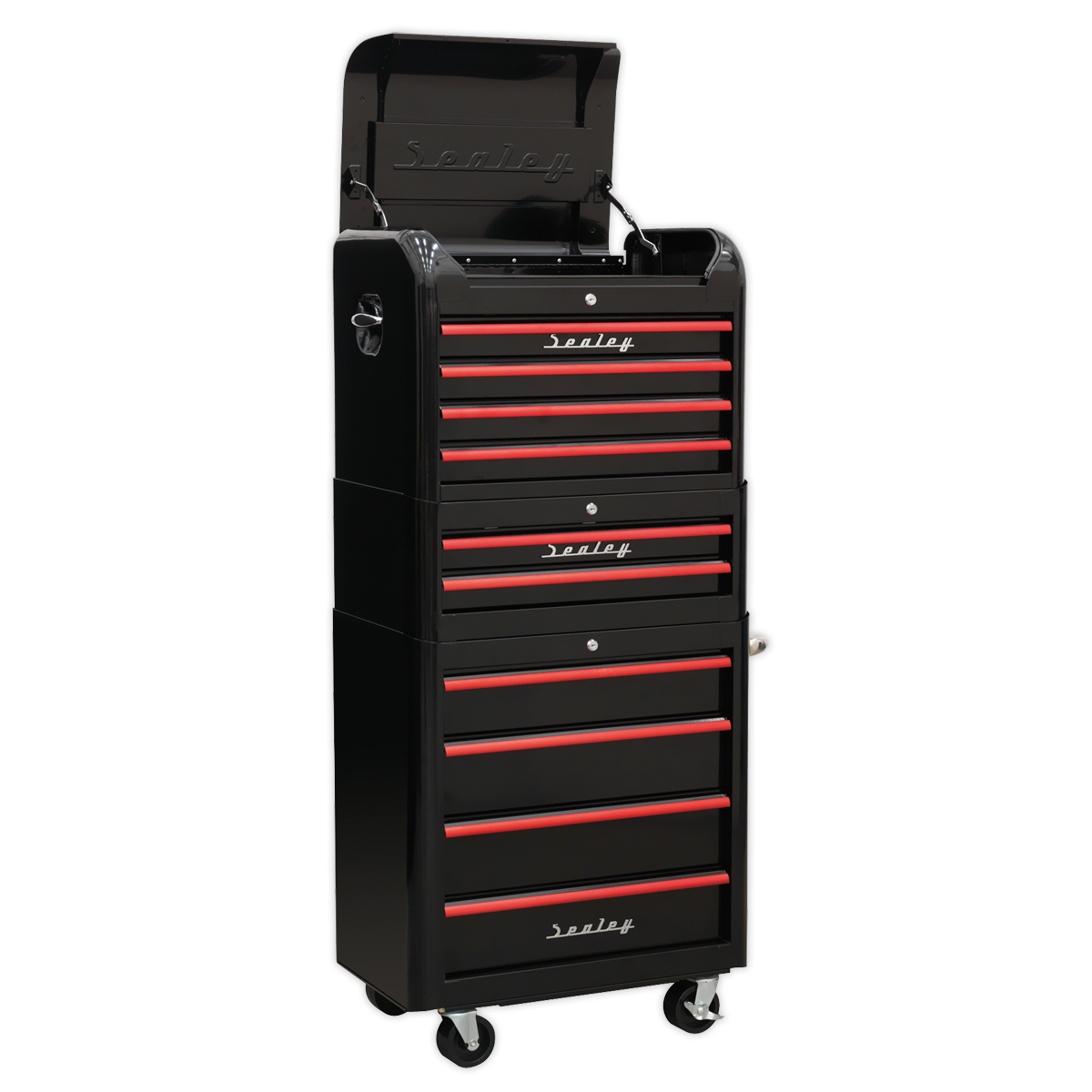 Premier™ Retro Style Topchest, Mid-Box Tool Chest & Rollcab Combination 10 Drawer - Black with Red Anodised Drawer Pulls