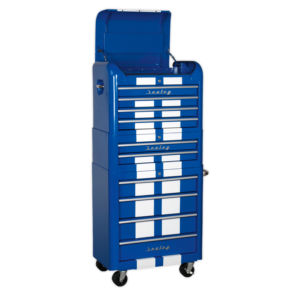 Premier™ Retro Style Topchest, Mid-Box Tool Chest & Rollcab Combination 10 Drawer - Blue with White Stripes