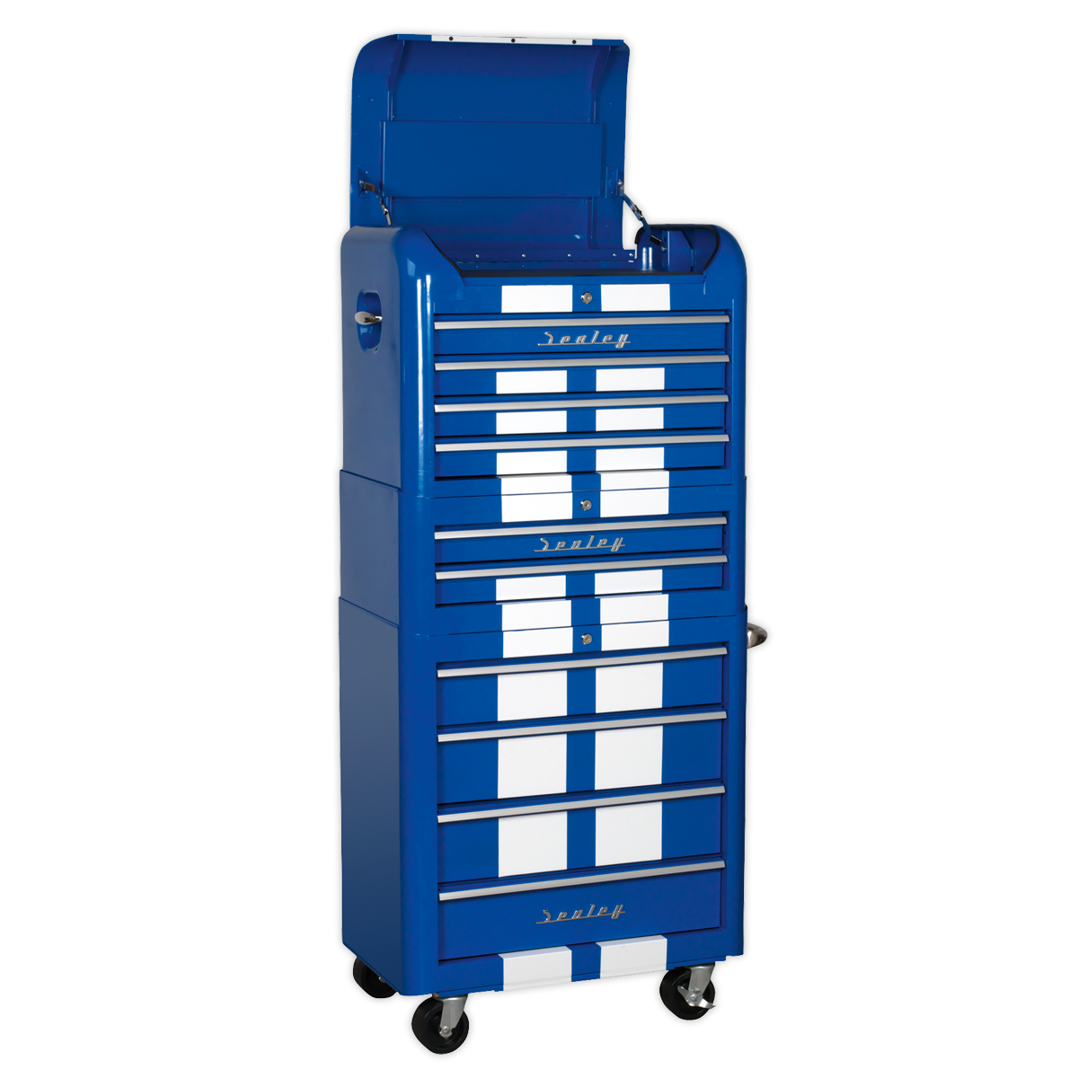 Premier™ Retro Style Topchest, Mid-Box Tool Chest & Rollcab Combination 10 Drawer - Blue with White Stripes