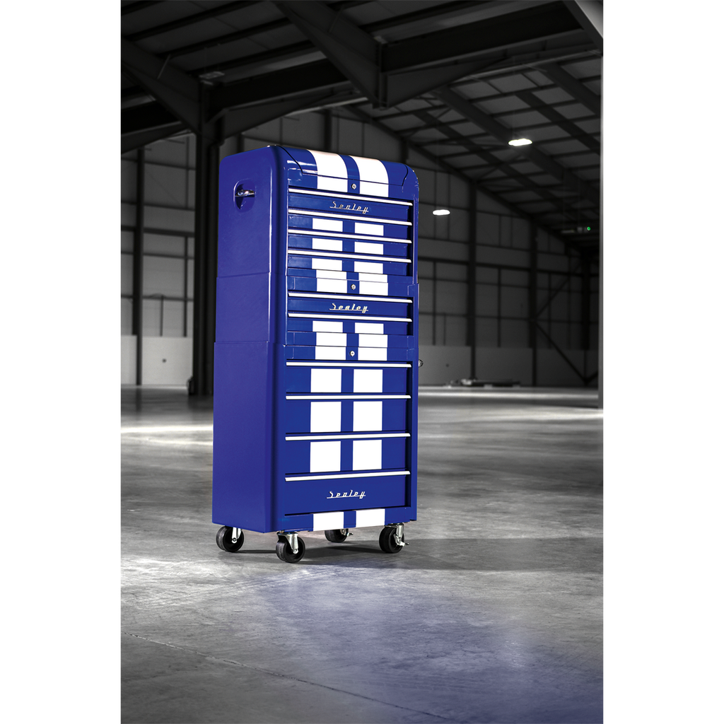 Premier™ Retro Style Topchest, Mid-Box Tool Chest & Rollcab Combination 10 Drawer - Blue with White Stripes