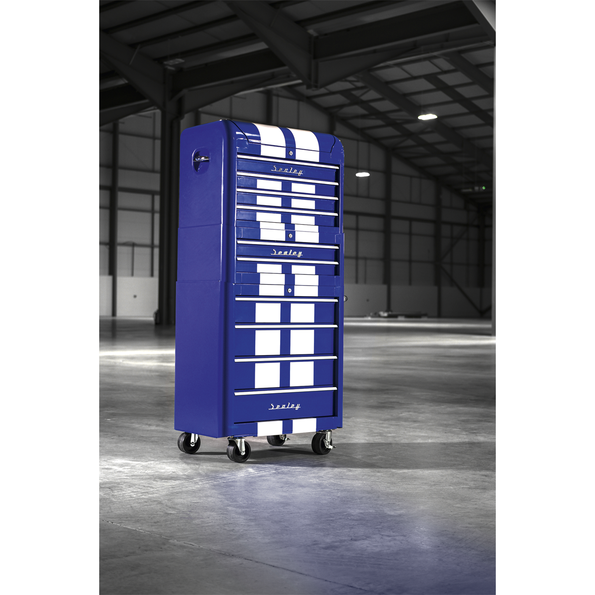 Premier™ Retro Style Topchest, Mid-Box Tool Chest & Rollcab Combination 10 Drawer - Blue with White Stripes
