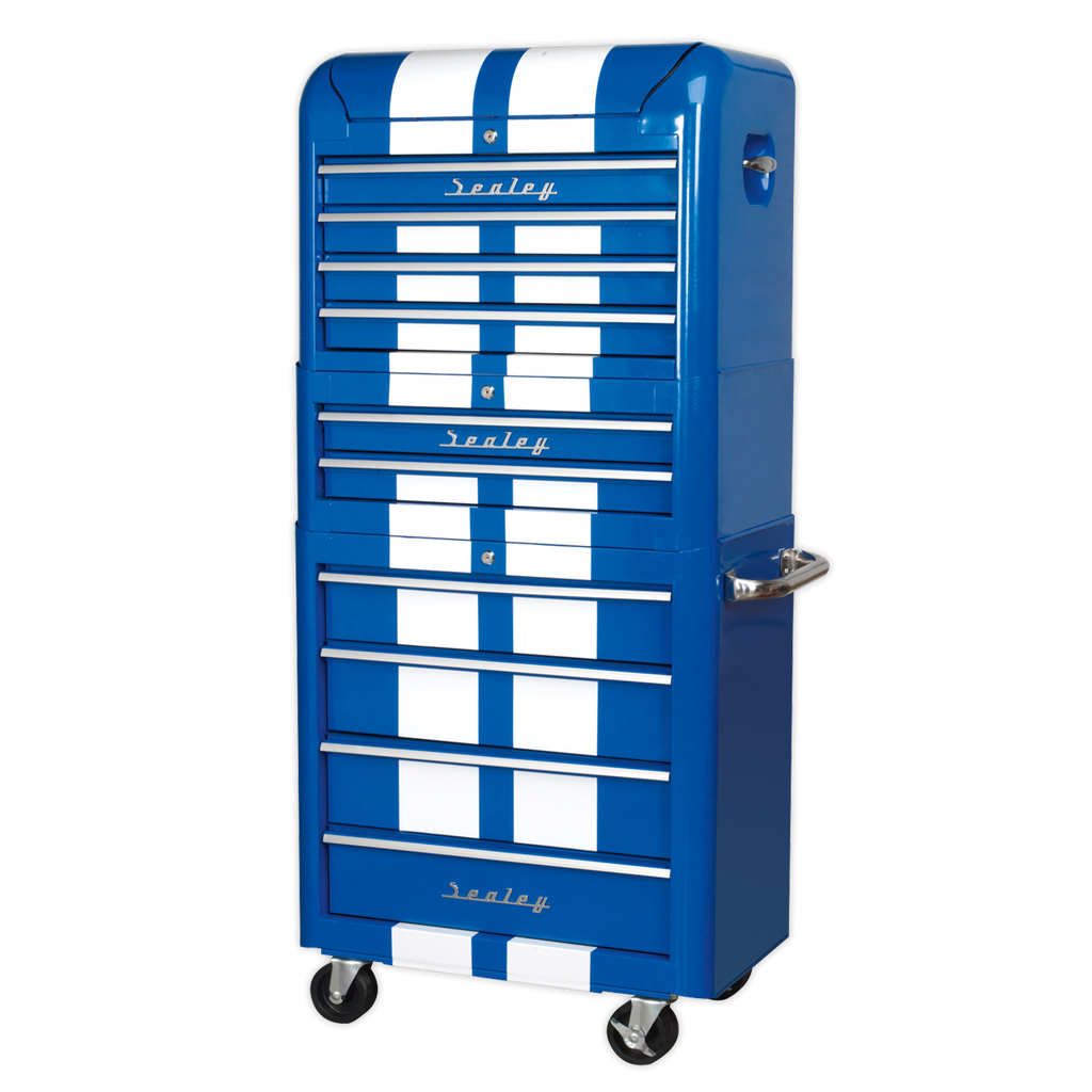 Premier™ Retro Style Topchest, Mid-Box Tool Chest & Rollcab Combination 10 Drawer - Blue with White Stripes
