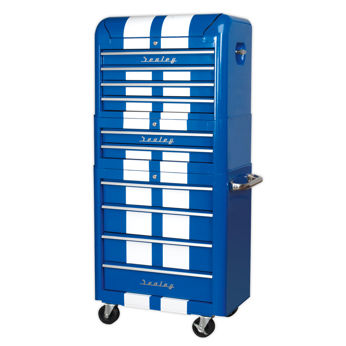 Premier™ Retro Style Topchest, Mid-Box Tool Chest & Rollcab Combination 10 Drawer - Blue with White Stripes