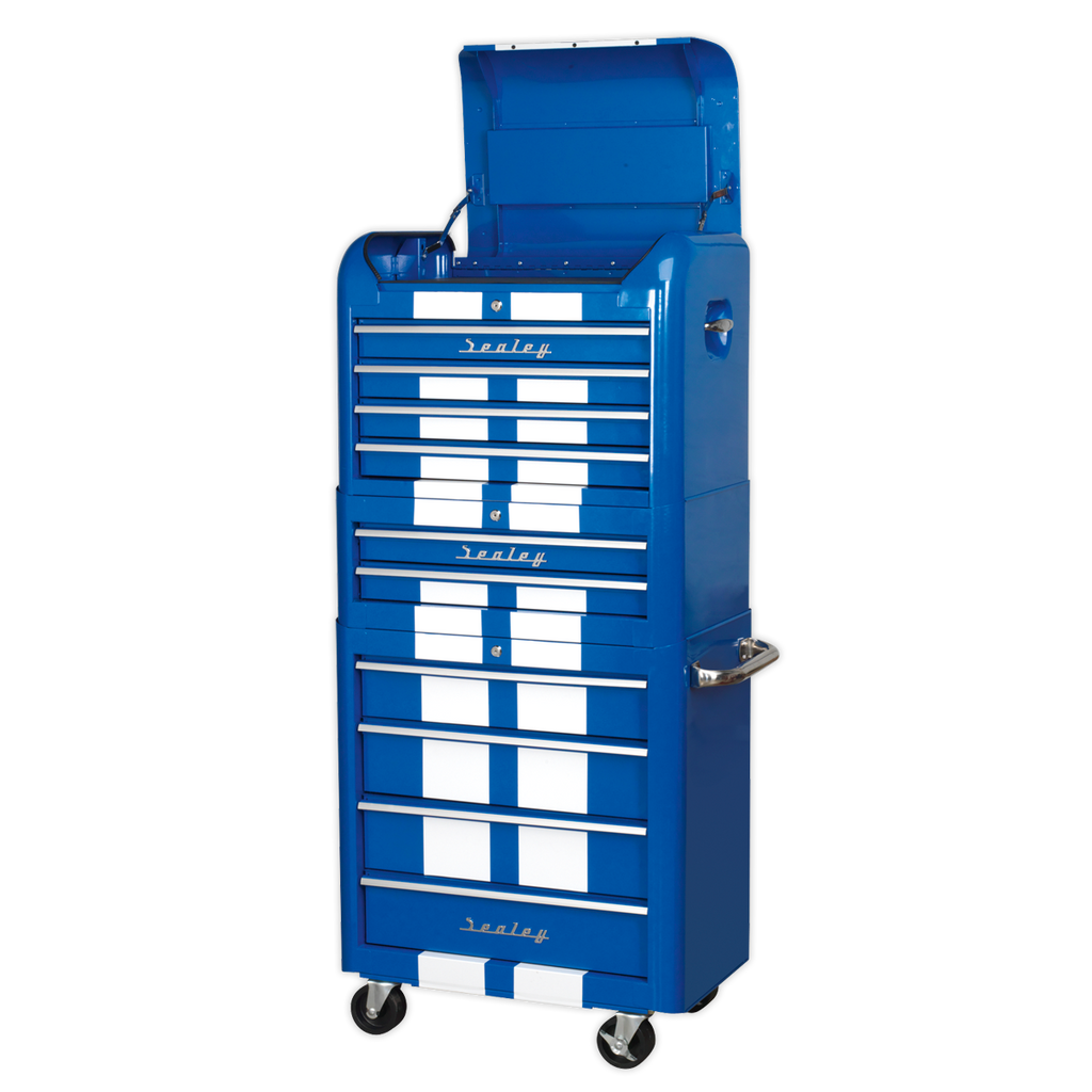 Premier™ Retro Style Topchest, Mid-Box Tool Chest & Rollcab Combination 10 Drawer - Blue with White Stripes