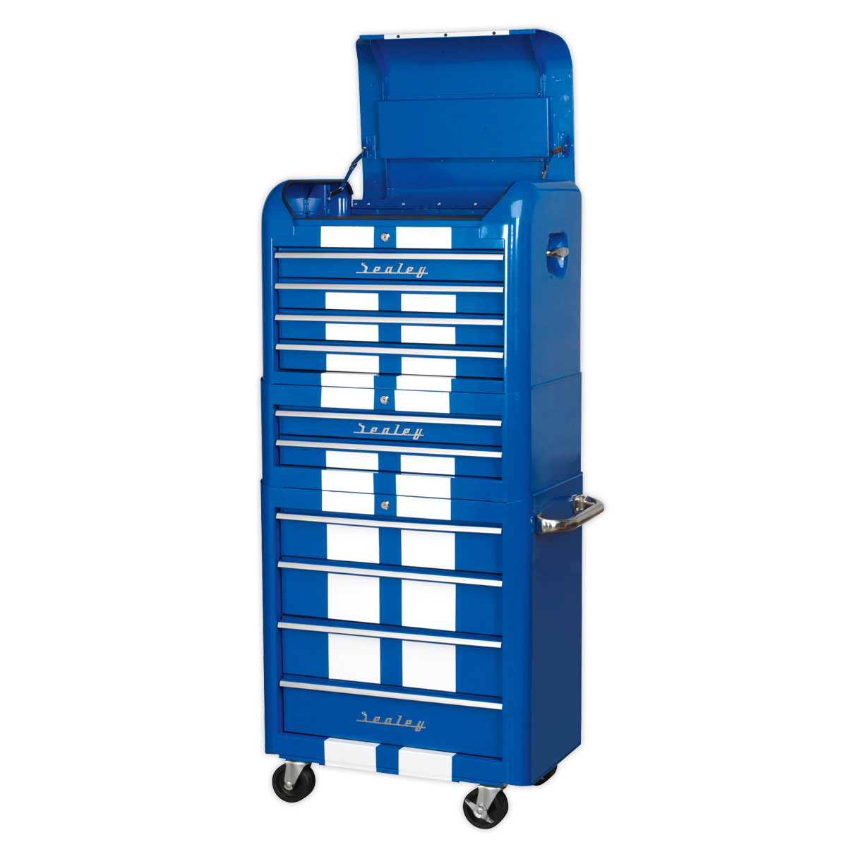 Premier™ Retro Style Topchest, Mid-Box Tool Chest & Rollcab Combination 10 Drawer - Blue with White Stripes
