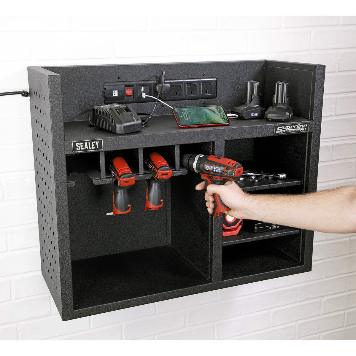 Superline PRO® Black Edition Power Tool Storage Rack with Power Bar (AP30SRBE)
