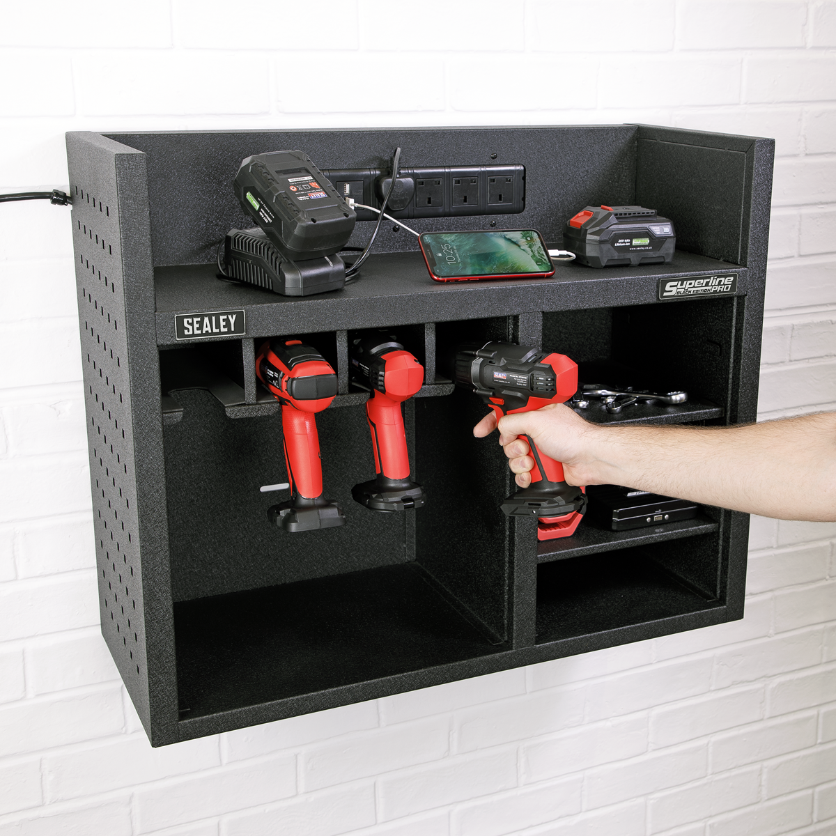 Superline PRO® Black Edition Power Tool Storage Rack with Power Bar (AP30SRBE)