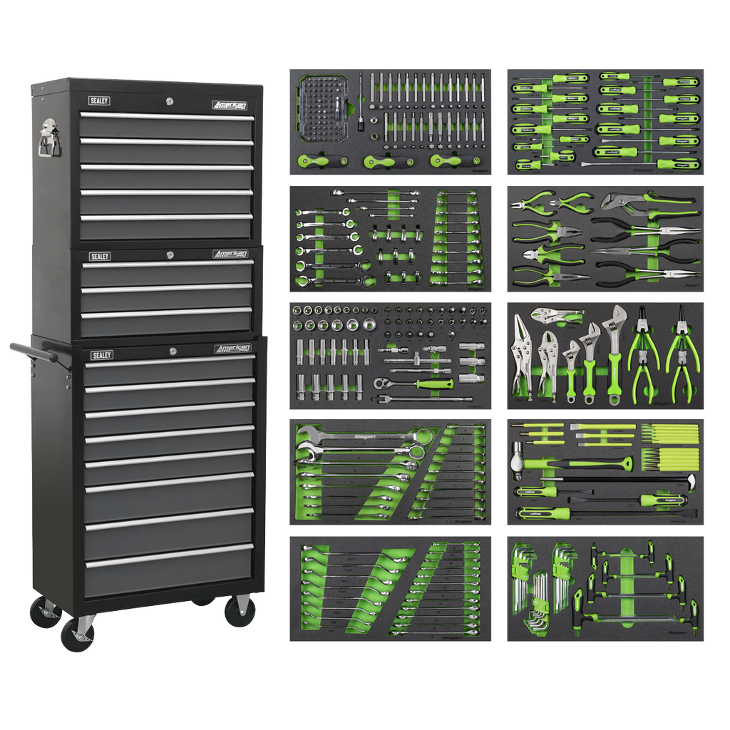 Tool Chest Combination 16 Drawer with Ball-Bearing Slides - Black/Grey & 398pc Tool Kit