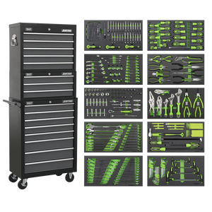 Tool Chest Combination 16 Drawer with Ball-Bearing Slides - Black/Grey & 398pc Tool Kit