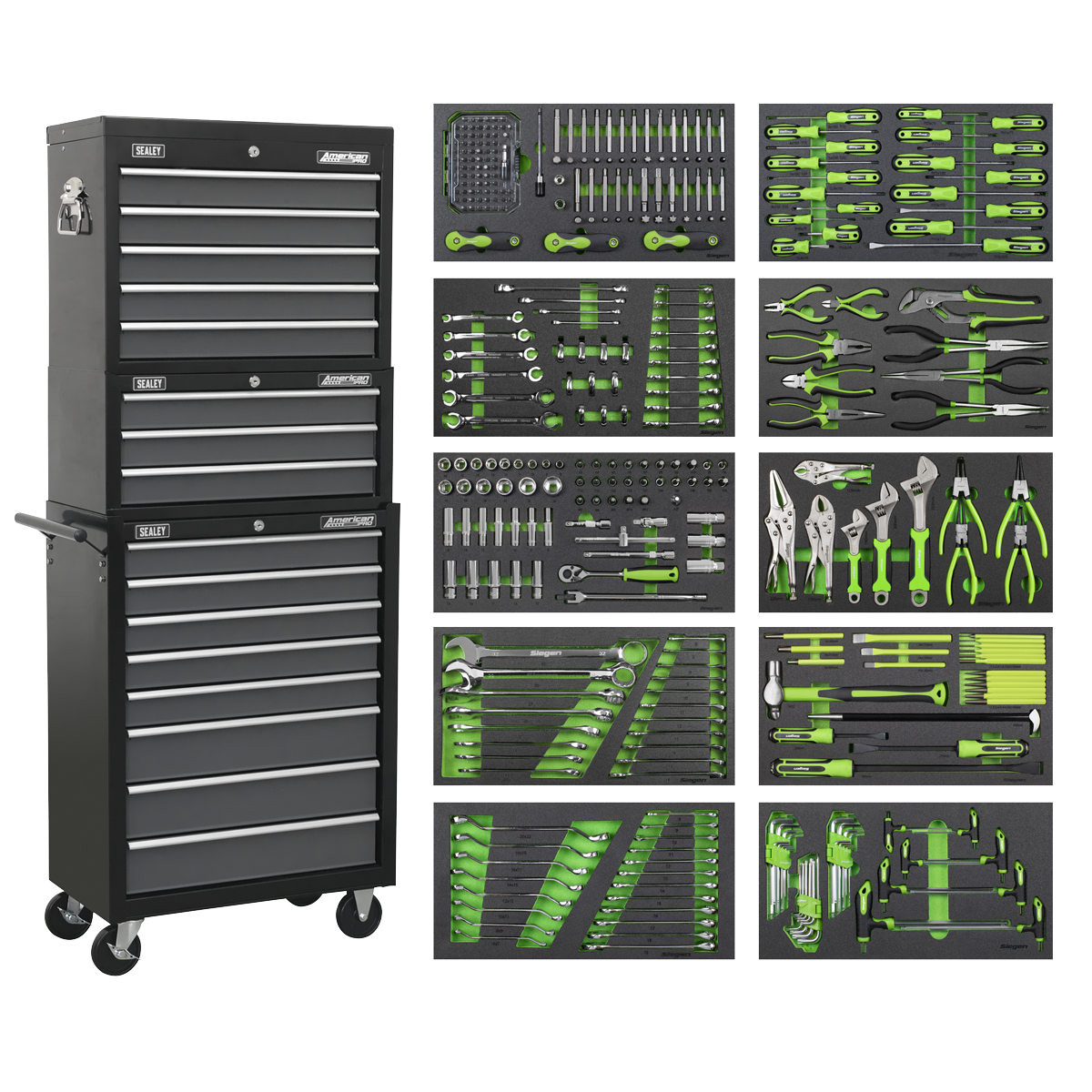 Tool Chest Combination 16 Drawer with Ball-Bearing Slides - Black/Grey & 398pc Tool Kit