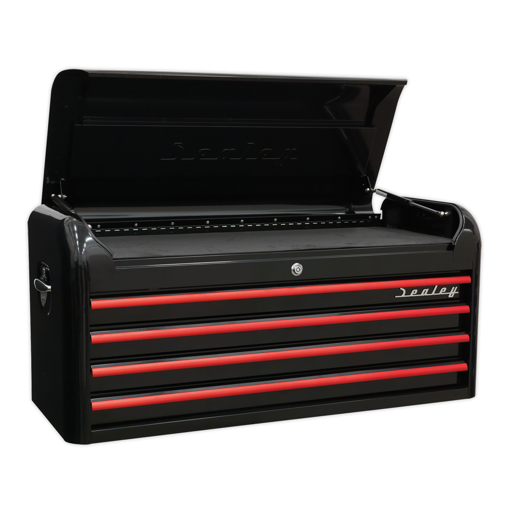 Premier™ Retro Style Wide Topchest 4 Drawer - Black with Red Anodised Drawer Pulls