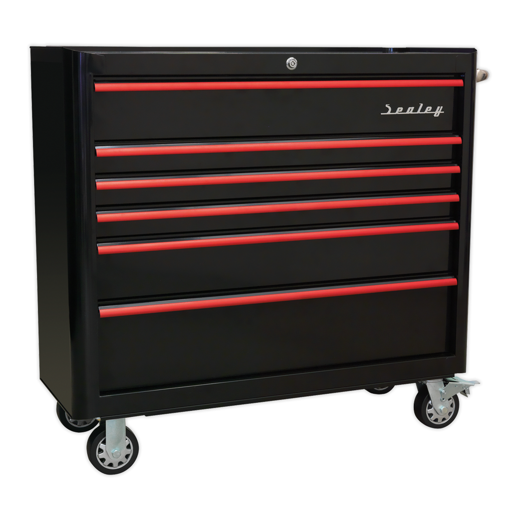 Premier™ Retro Style Wide Rollcab 6 Drawer - Black with Red Anodised Drawer Pulls