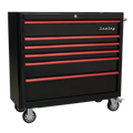 Premier™ Retro Style Wide Rollcab 6 Drawer - Black with Red Anodised Drawer Pulls