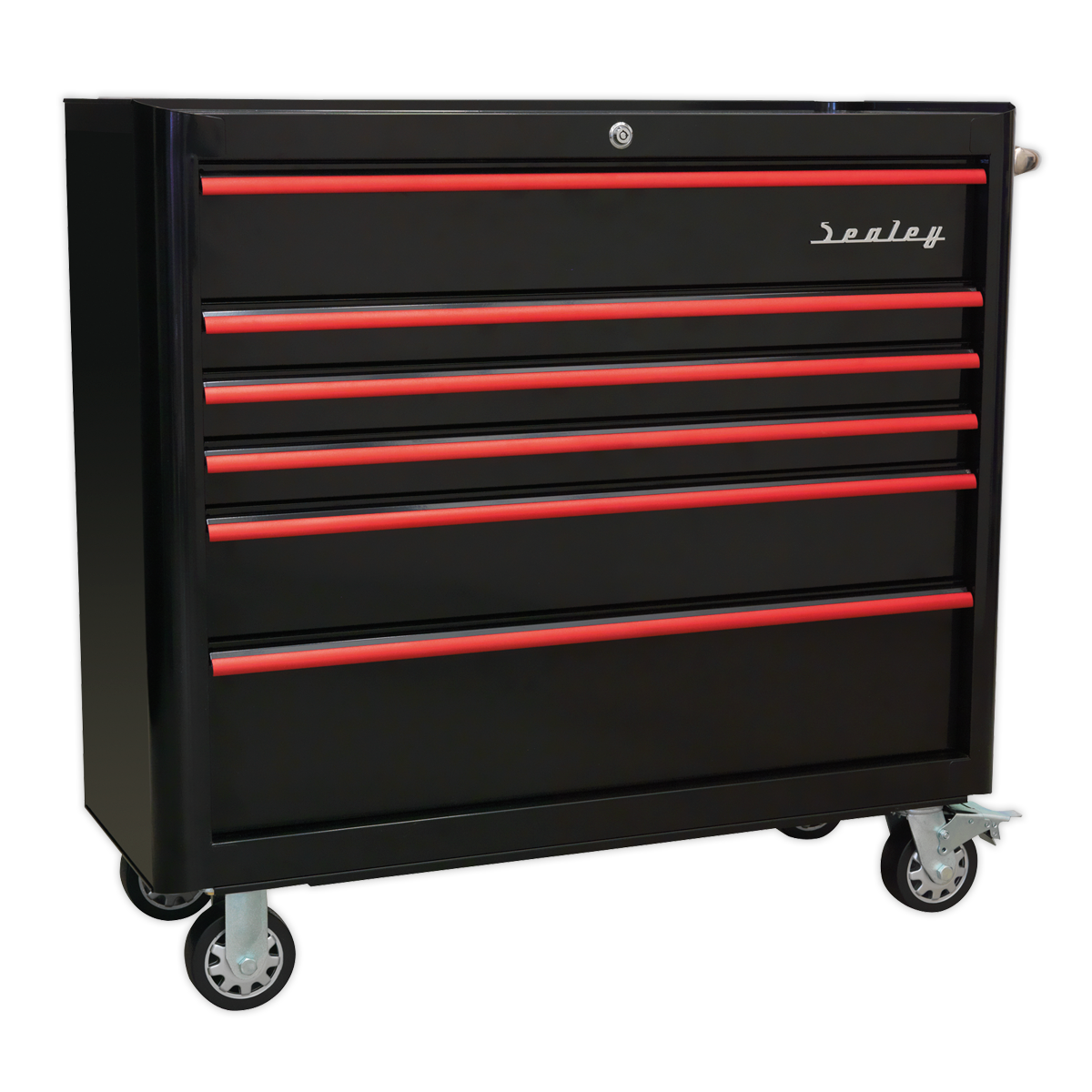 Premier™ Retro Style Wide Rollcab 6 Drawer - Black with Red Anodised Drawer Pulls