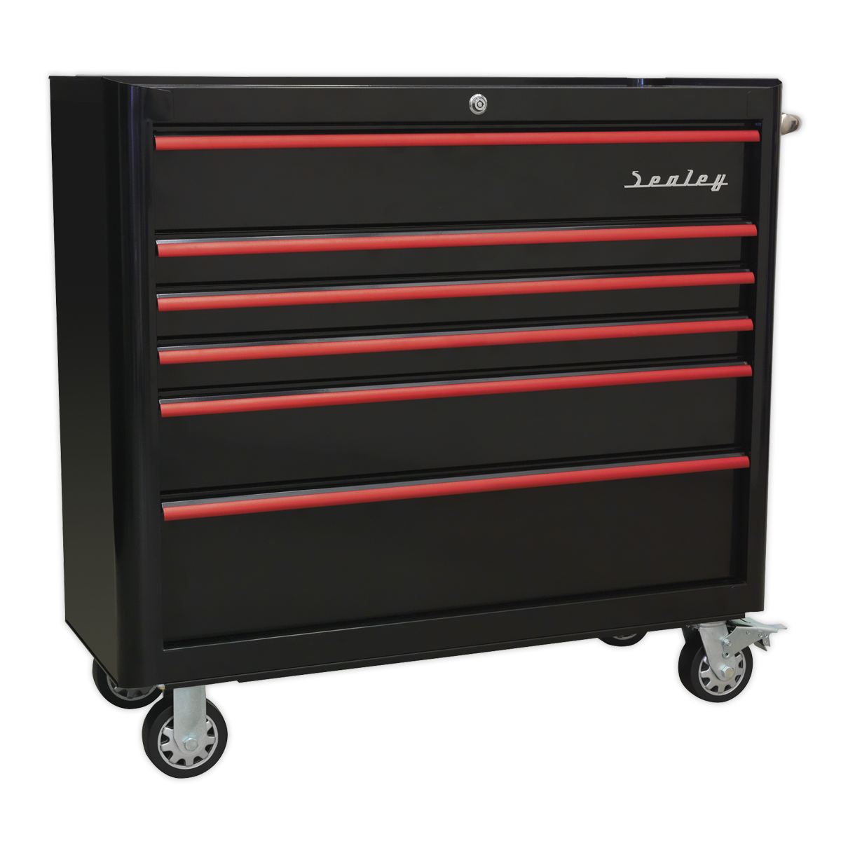 Premier™ Retro Style Wide Rollcab 6 Drawer - Black with Red Anodised Drawer Pulls