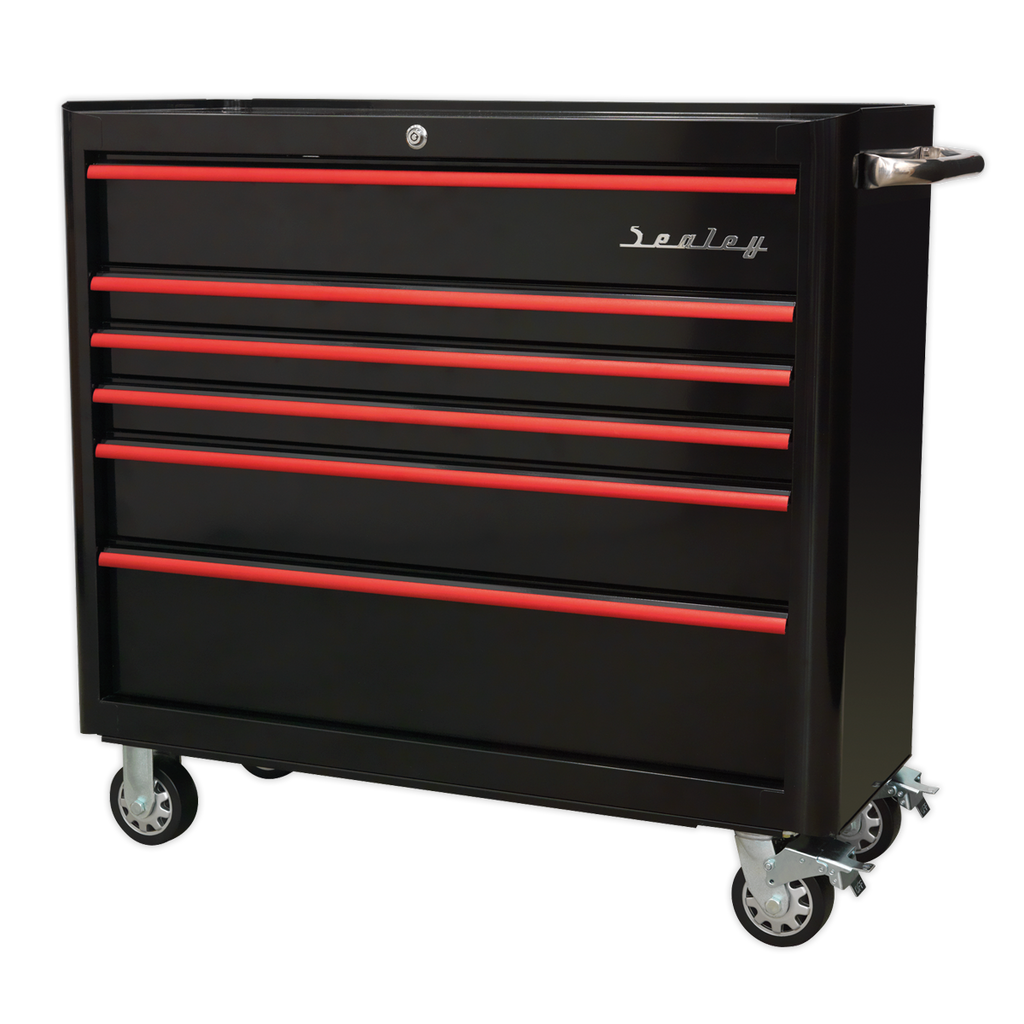 Premier™ Retro Style Wide Rollcab 6 Drawer - Black with Red Anodised Drawer Pulls