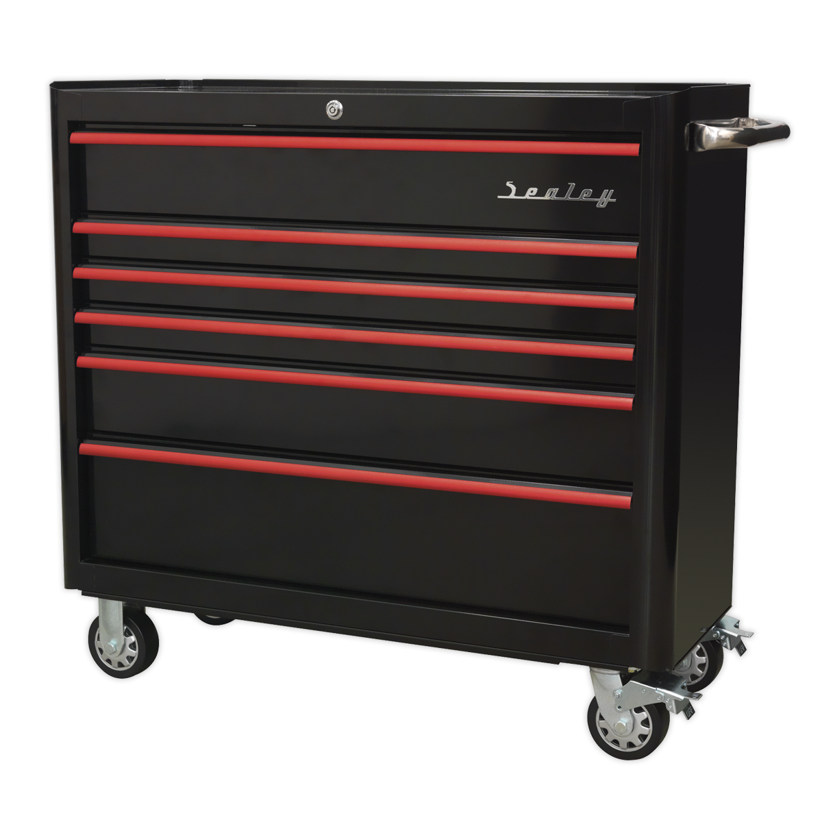 Premier™ Retro Style Wide Rollcab 6 Drawer - Black with Red Anodised Drawer Pulls