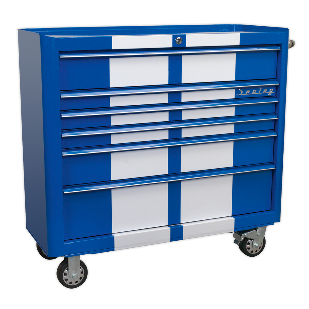 Premier™ Retro Style Wide Rollcab 6 Drawer - Blue with White Stripes