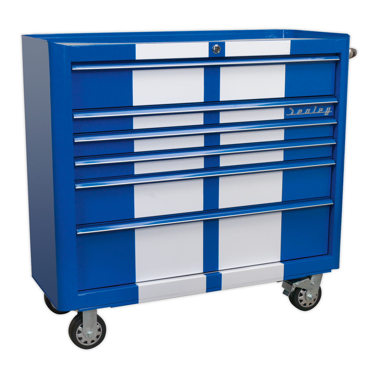 Premier™ Retro Style Wide Rollcab 6 Drawer - Blue with White Stripes