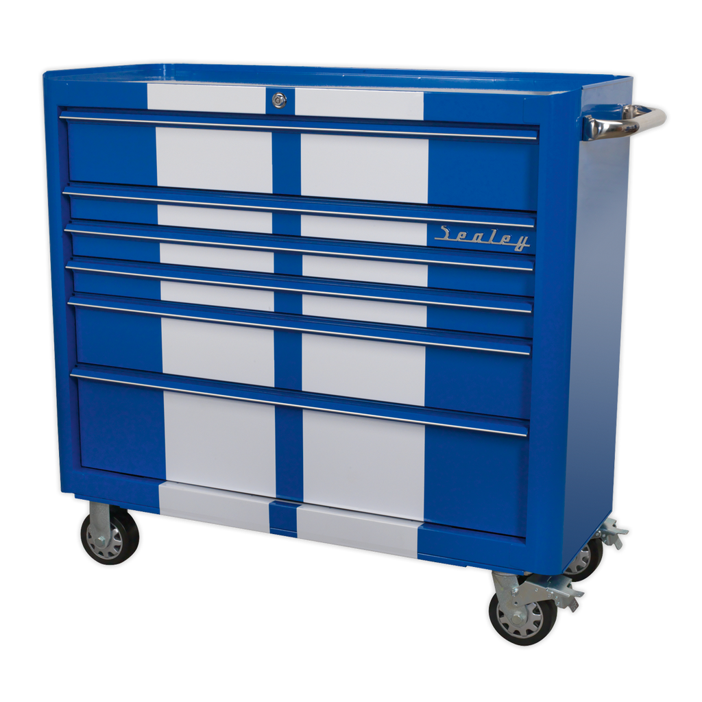 Premier™ Retro Style Wide Rollcab 6 Drawer - Blue with White Stripes
