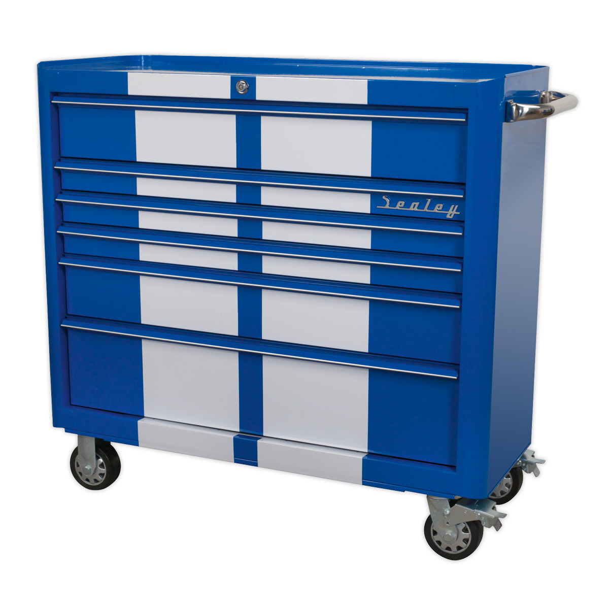 Premier™ Retro Style Wide Rollcab 6 Drawer - Blue with White Stripes