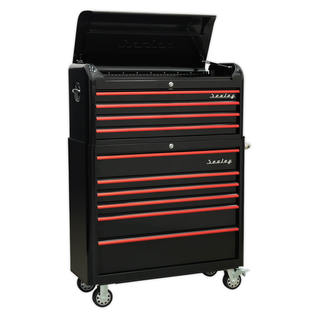 Premier™ Retro Style Wide Topchest & Rollcab Combination 10 Drawer - Black with Red Anodised Drawer Pulls