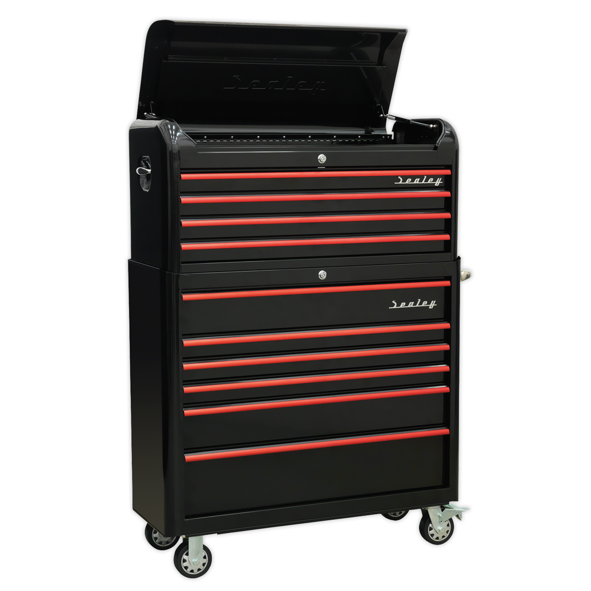Premier™ Retro Style Wide Topchest & Rollcab Combination 10 Drawer - Black with Red Anodised Drawer Pulls