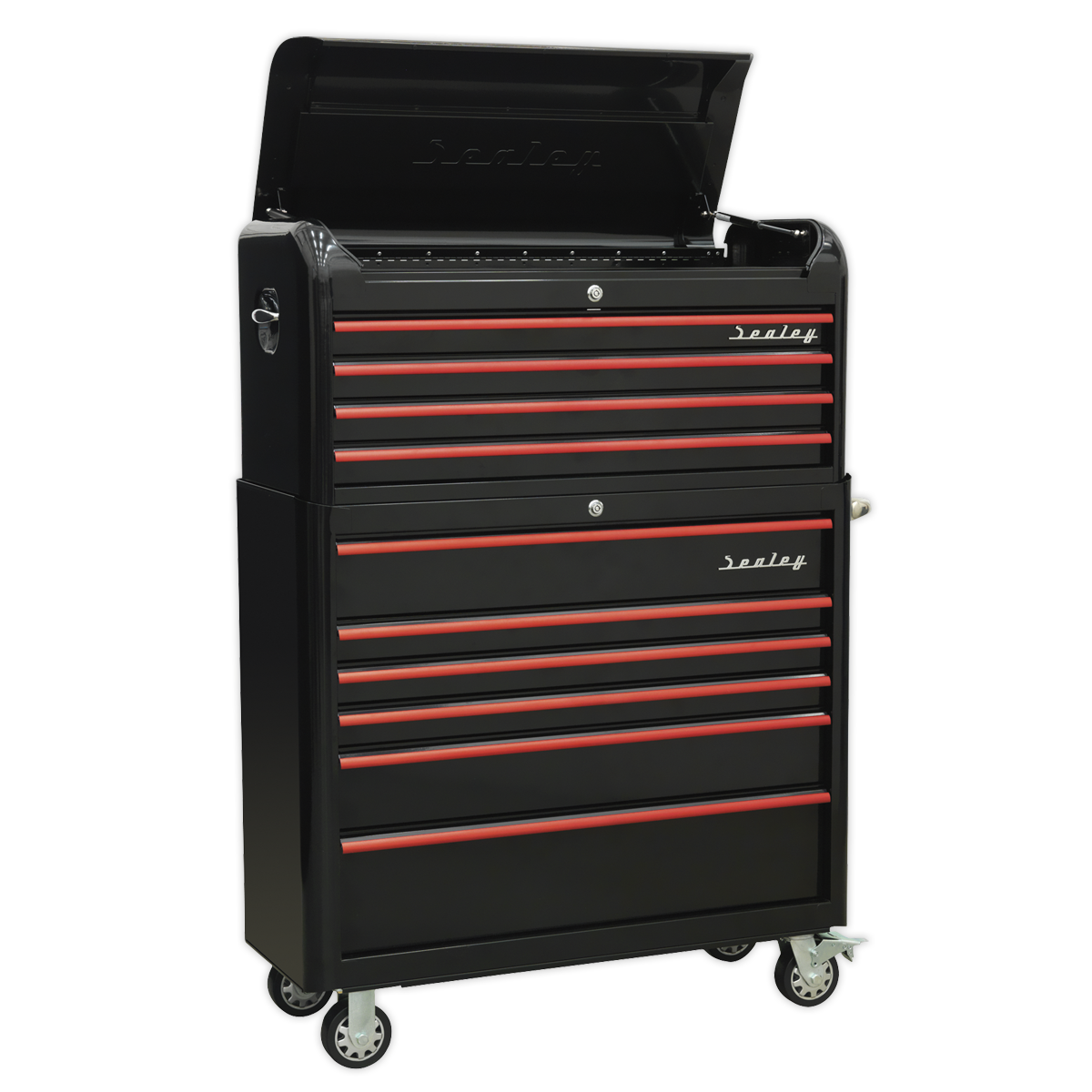 Premier™ Retro Style Wide Topchest & Rollcab Combination 10 Drawer - Black with Red Anodised Drawer Pulls