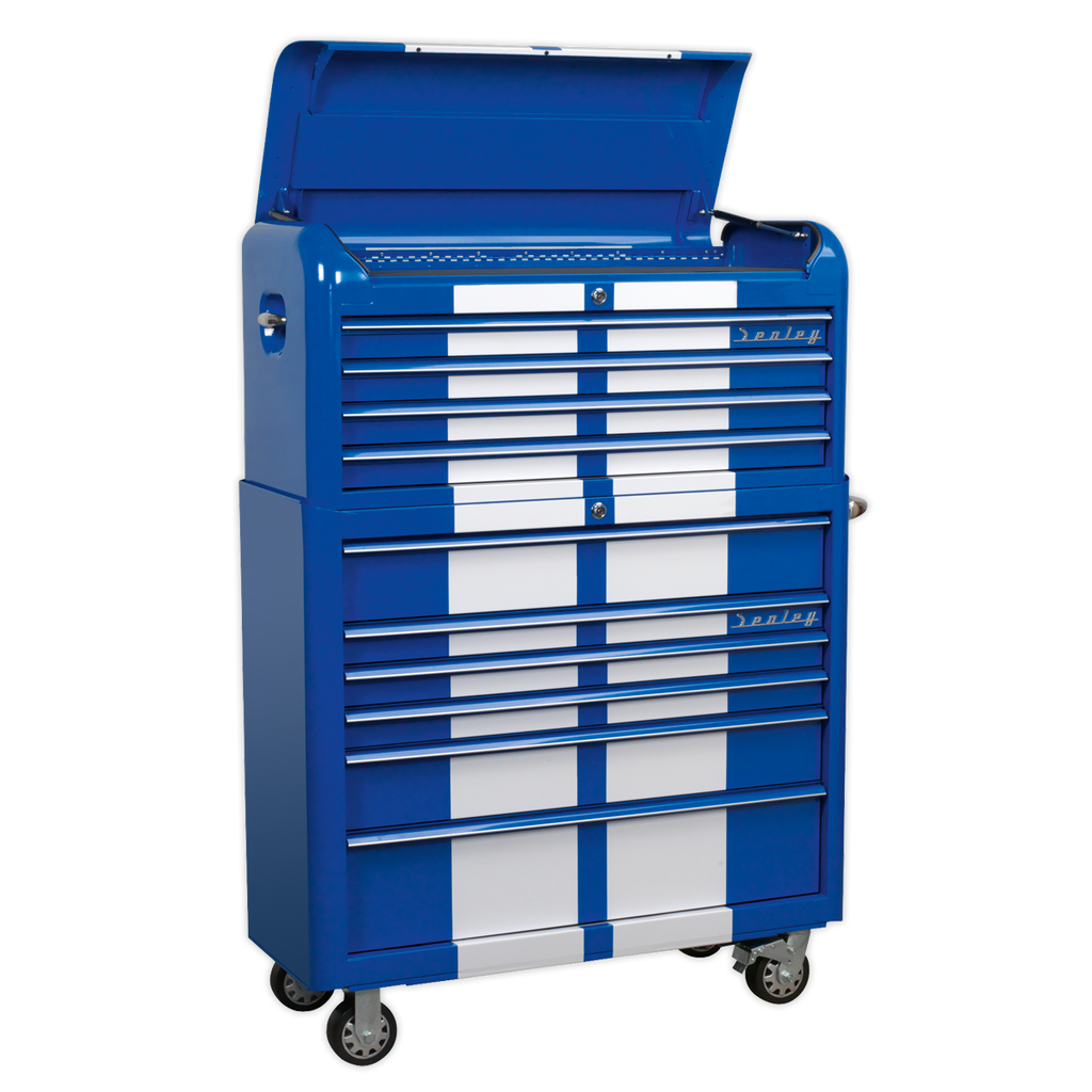 Premier™ Retro Style Wide Topchest & Rollcab Combination 10 Drawer Blue with White Stripes