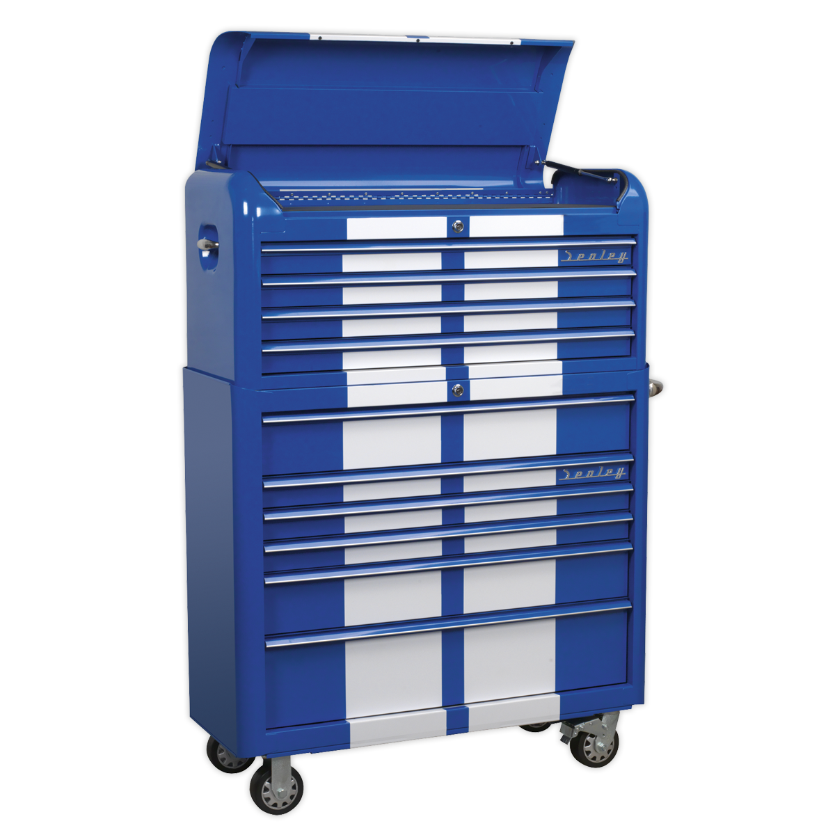 Premier™ Retro Style Wide Topchest & Rollcab Combination 10 Drawer Blue with White Stripes