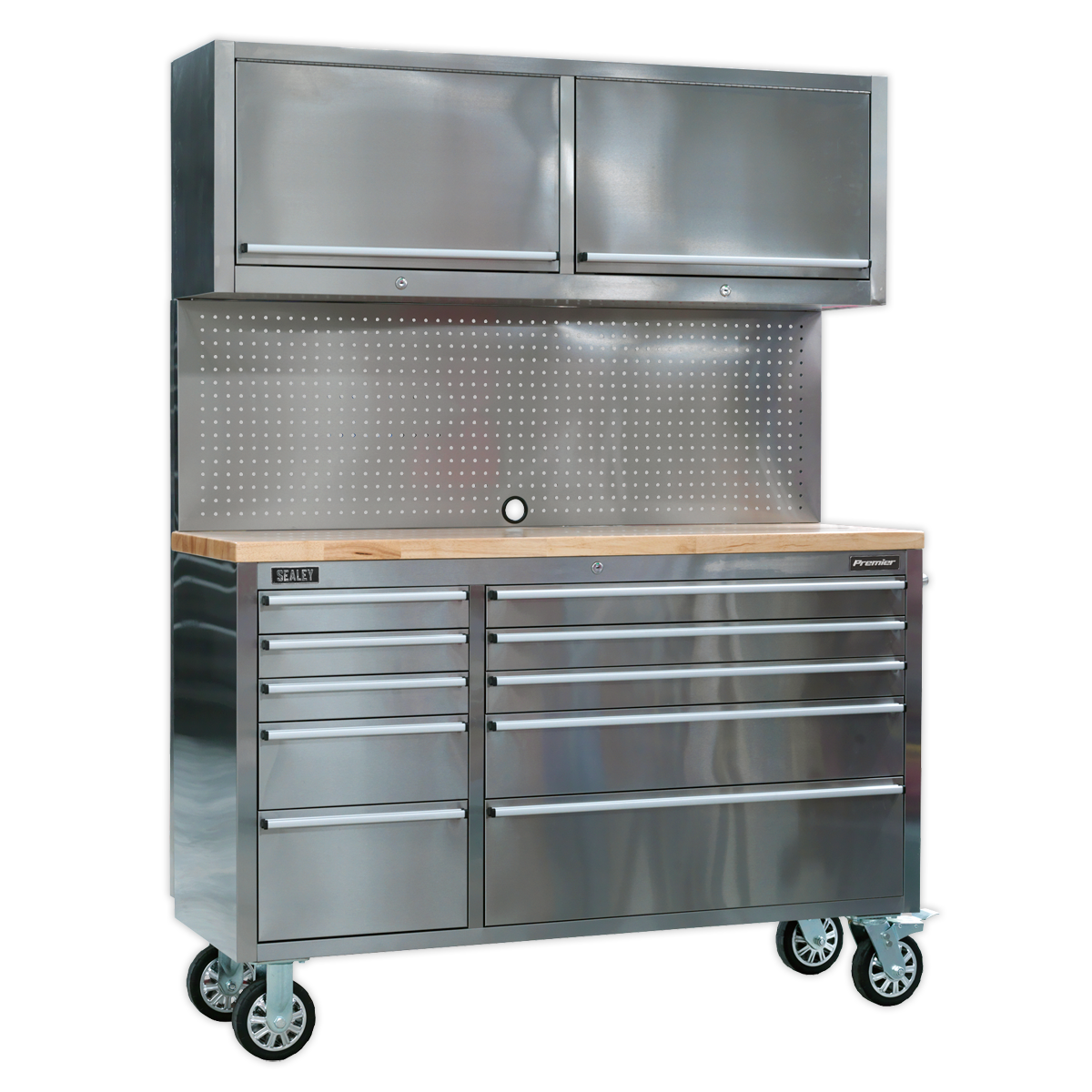 Premier™ Mobile Stainless Steel Tool Cabinet 10 Drawer with Backboard & 2 Wall Cupboards