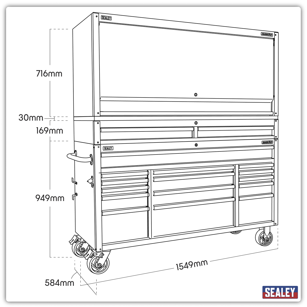 Superline PRO® Black Edition Mobile Trolley with Wooden Worktop, Hutch & 2 Drawer Riser 15 Drawer 1549mm