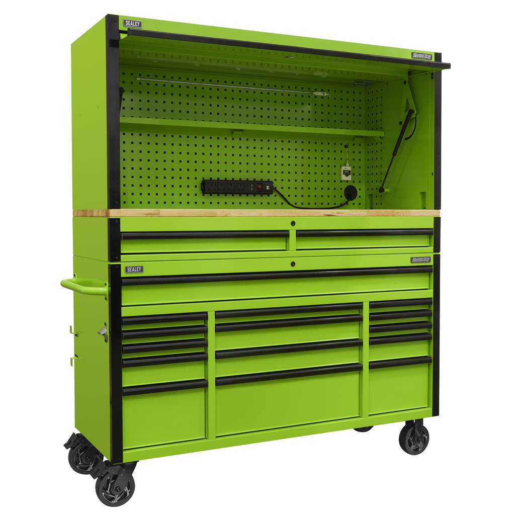 Superline PRO® Black Edition Mobile Trolley with Wooden Worktop, Hutch & 2 Drawer Riser 15 Drawer 1549mm