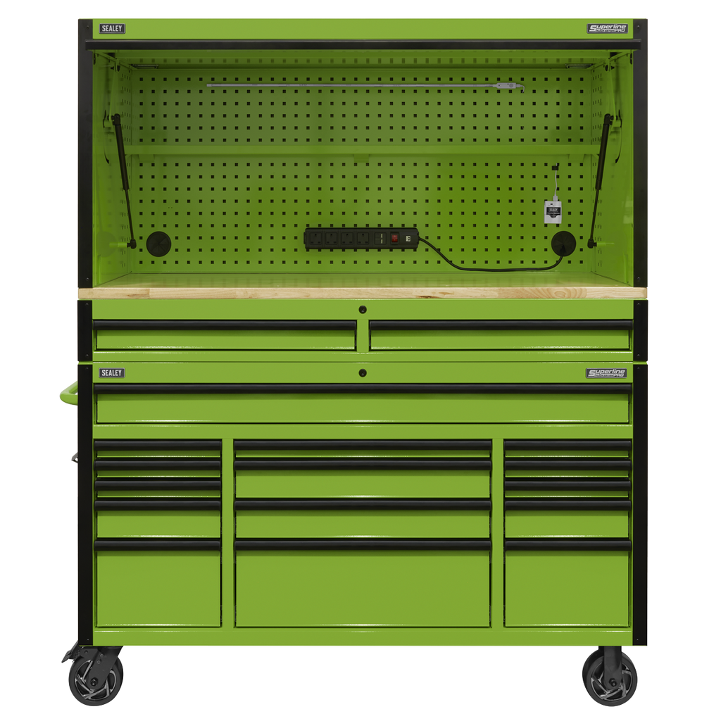 Superline PRO® Black Edition Mobile Trolley with Wooden Worktop, Hutch & 2 Drawer Riser 15 Drawer 1549mm
