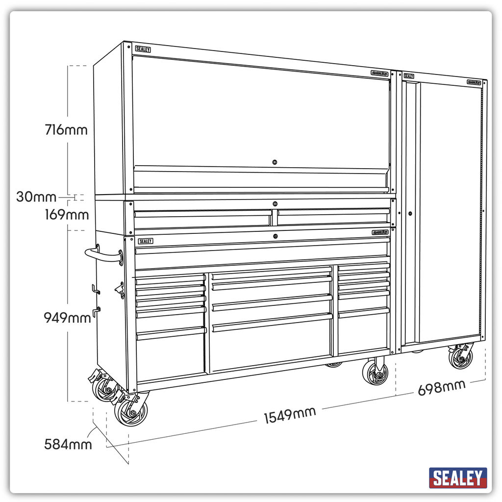 Superline PRO® Black Edition Mobile Trolley with Wooden Worktop, Hutch, 2 Drawer Riser & Side Locker 15 Drawer 1549mm
